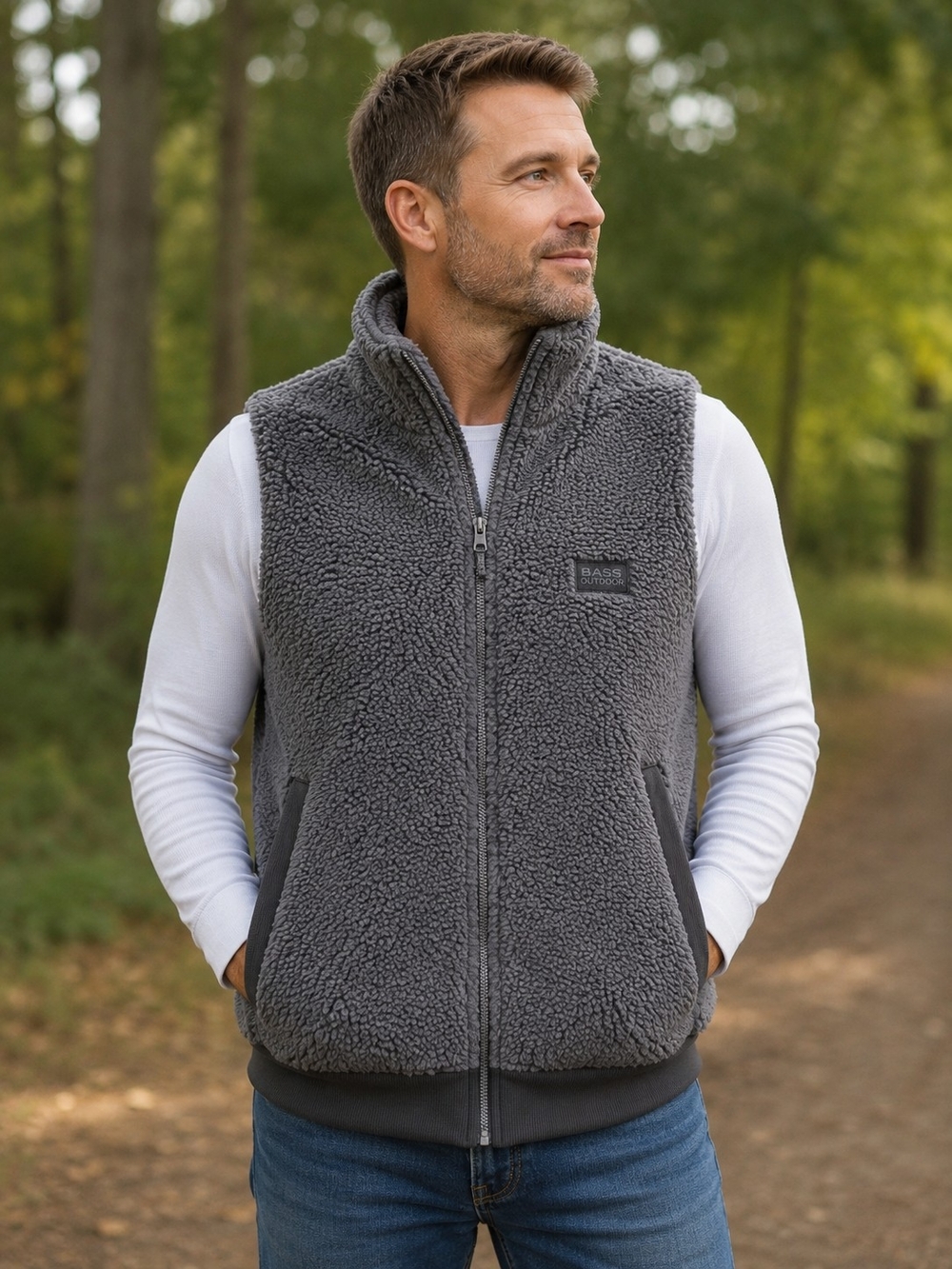 #1225 Bass Outdoor Sherpa Fleece Zip Vest Gray Goblin Gray Full Zip Men's